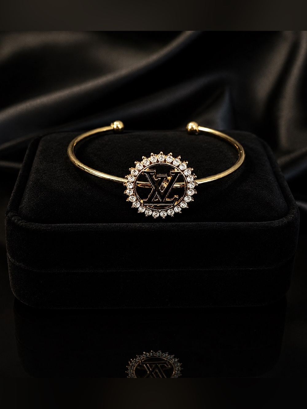 Gold Rhinestone LV Logo Medallion Cuff Bracelet